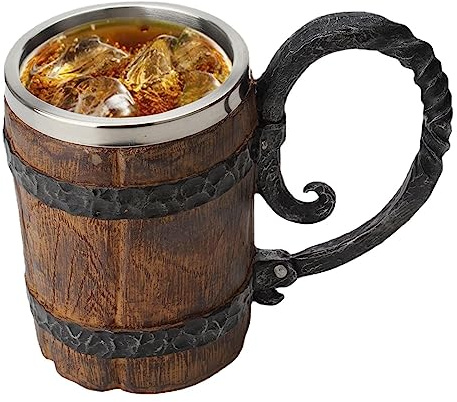 Ziurmut Taza de Cuerno Vikingo, 550 ml, Taza vikinga de Madera de imitación Vintage, Jarra de Cuerno de Cerveza auténtica de Acero Inoxidable con asa, Taza vikinga a Prueba de Fugas para Hombres