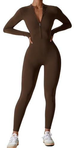 OEAK Damen Sport Jumpsuit Lang Eng Yoga Overall Langarm Rollkragen Playsuits mit Reißverschluss Nahtloser Bodysuit Bodycon Strampler Einteiler Romper,Kaffee,L