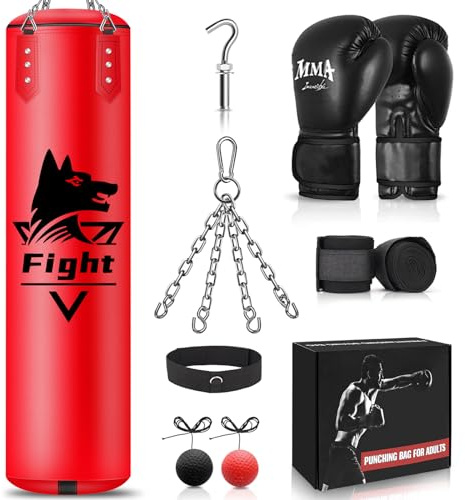 Boxsack zum Aufhängen, 122 cm, für Erwachsene/Jugendliche/Kinder, Super-PU-Leder, schwere Tasche mit MMA-Handschuhen, ungefüllter Kicksack, Boxset für Training, Karate, Kickboxen, Muay Thai