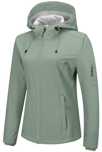 Outdoor Ventures Veste softshell imperméable et respirante pour femme - Veste demi-saison coupe-vent - Veste fonctionnelle avec capuche, Vert givré, XL