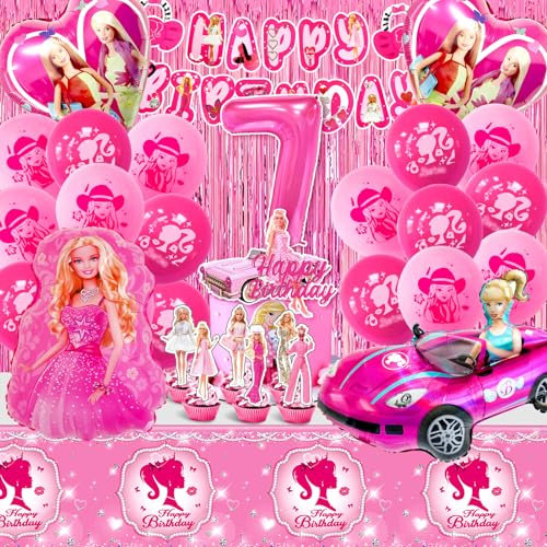 Barb 49-teiliges Geburtstag Deko Set für 7 Jahre - Party Ballon, Tortendeko, Luftballon Helium, Happy Birthday Banner, Tischdecke, Kuchen Deko für Mädchen