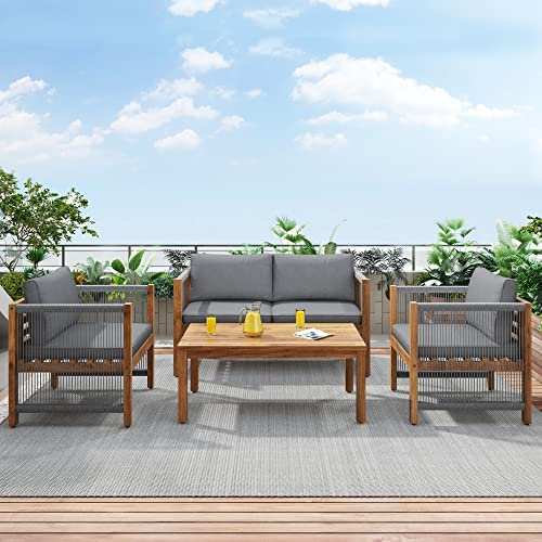 YESGIGA Loungeset, Gartenmöbel Set, mit bequemem Kissen, Sitzgruppe, Sitzgarnitur Terassenmöbel, Doppelsofa, 2 Sessel und Tisch, Outdoor, Tisch und Stühle, Rattenoptik, Akazie, grau