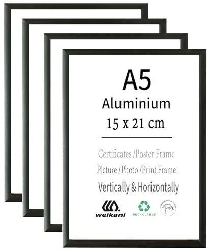 Lot de 4 cadres photo A5 en aluminium noir - 15 x 21 cm - Pour certificat, montage mural ou sur table