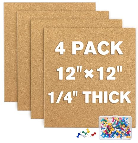 TUPARKA 4 Pack Cork Board 12x12 - 1/4 Self-Adhesive Corkboards With 100 Push Pins, Bulletin Boards, Square Cork Tiles for Home, School, Office Decorative
