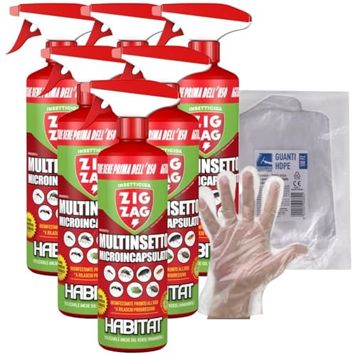 ZigZag Insetticida Spray Multinsetto Microincapsulato. Inodore, Ideale Per Cimici, Zanzare, Scarafaggi, Formiche, Prodotto a Lento Rilascio 500ml+OMAGGIO 100pz Guanti HDPE Monouso (6 Spray+1CF Guanti)
