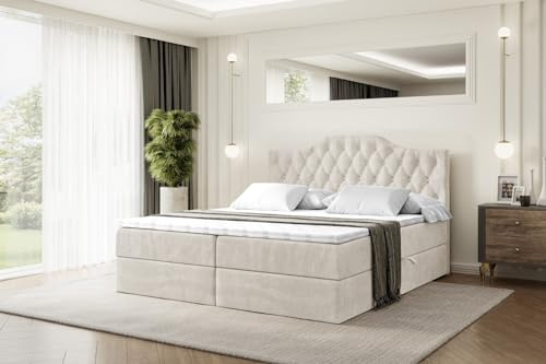ALTDECOR Boxspringbett mit Matratze und Lattenrost, Boxbett, Topper, Polsterbett mit Bettkasten, Bett mit Stauraum H3-Matratze, Doppelbett, Springboxbett - Vila-1-180x200 Beige Samt