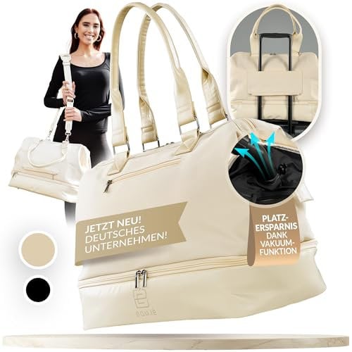 Boujé Vakuum Weekender Reisetasche mit versiegeltem Kompressionssystem für platzoptimiertes Packen (Damen, Herren) I Tasche Handgepäck Wickeltasche Sporttasche (Beige)