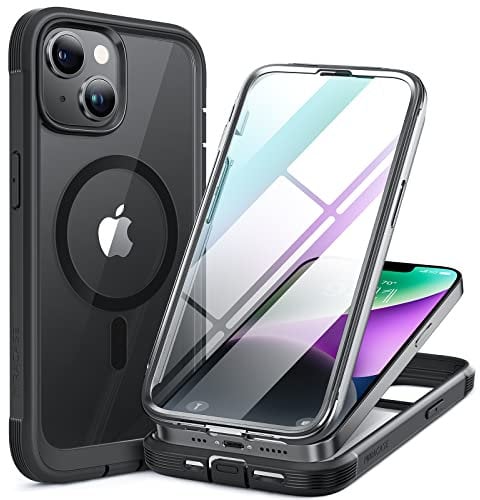 Miracase Magnetic Case for iPhone 14 Case 6.1-Inch Compatible with MagSafe, [Built-in 9H Tempered Glass Screen Protector] Full Body Bumper Clear Back Cover with Camera Lens Protector (Black)
