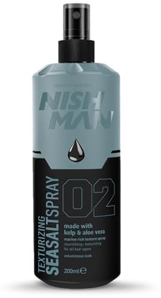 NISHMAN Spray au Sel Marin 02 - Kelp & Aloe Vera 200ml - Pour Texture et Volume, Effet Naturel Cheveux de Plage - Finition Mate et Maintien Flexible - Idéal pour Tous Types de Cheveux