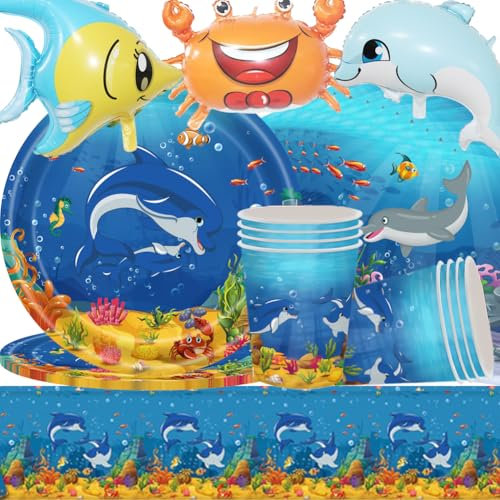Forniture per feste di delfini, stoviglie di carta di delfino, Articoli per feste sotto il mare,set da tavola per feste di compleanno con animali marini,set da tavola per feste di compleanno con anima