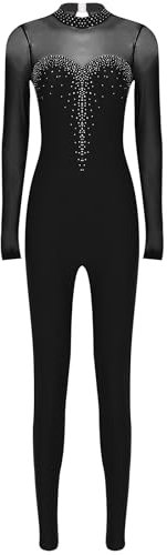 Miutii Damen Ganzkörper Turnanzug Glitzer Gymnastikanzug Langarm Ballettanzug Gymnastik Leotard Trikot Eiskunstlauf Body Sport Overall Jumpsuit Schwarz XXL