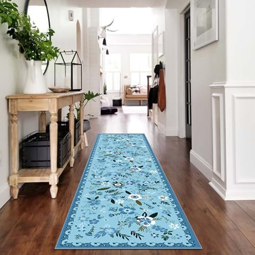 WTHYGB Teppich Läufer Flur rutschfest Teppichläufer Flur Waschbar, 80x300cm Lang Modern Blumen Küchenteppich, Flurläufer, Teppich Läufer für Flur, Küche, Korridor, Schlafzimmer, Wohnzimmer - Blau