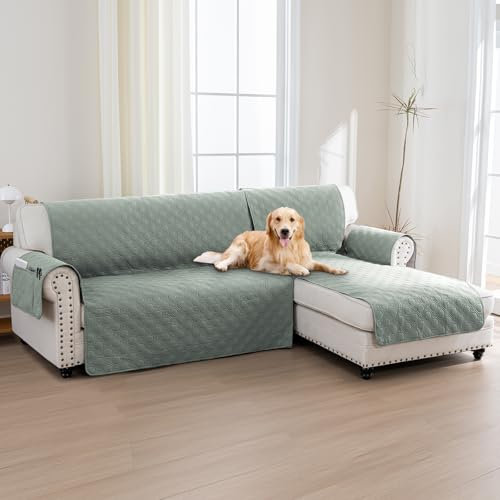 BellaHills 100% Wasserdicht Kratzfester Chaise Longue Sofa Bezug, Schutz für Rechts Arm Gesteppte Sofas - Sofaueberwurf L Form (247cm), Lilienkissen