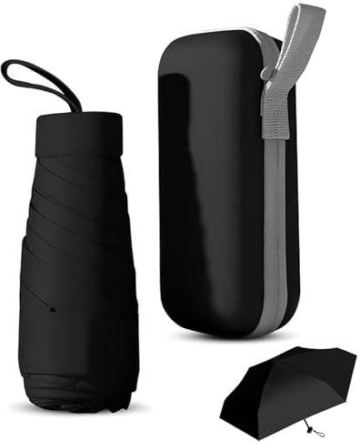 Amexo Kompakter Regenschirm, 6 Rippen Mini-Regenschirm Mini Faltbarer Reise Regenschirm mit Etui Sturmfest UV Schutz Mini Regenschirm Ultraleicht für Männer Frauen Kinder (Schwarz)