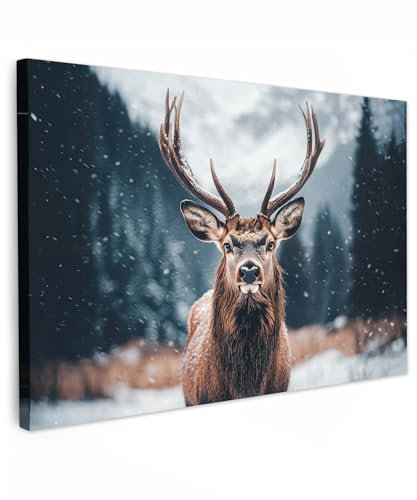 MuchoWow© Leinwand Groß 120x80 cm XXL Deko Schlafzimmer Aesthetic Leinwandbilder Wohnzimmer Gemälde Foto Geschenk Living Room Decoration Hirsch - Tiere - Landschaft - Winter - Schnee