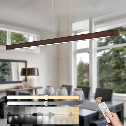 YYUTLUO Quaderförmiger Linearer Kronleuchter Aus Holz, Dimmbares Licht Mit Fernbedienung, Hängeschnur 150cm Verstellbar, LED Modernes Minimalistisches, Wohnzimmer, Büro, Küche (Braun 100cm)
