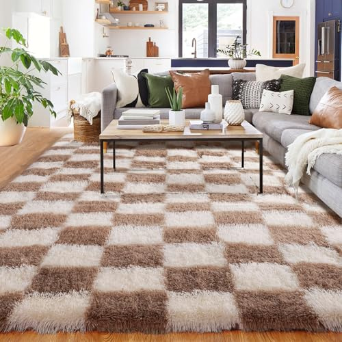 BYBSRLL Brauner und weißer Teppich für Schlafzimmer, 90 x 150 cm, karierter Wohnzimmer-Teppich für Kinderzimmer, Kinderzimmer, Wohnheim, Lounge-Dekoration, dicker, weicher, flauschiger Plüsch,