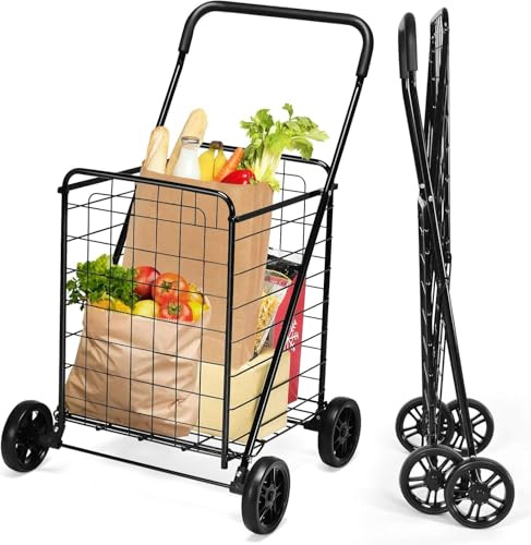 FANTASK 83L Klappbarer Einkaufstrolley auf Rollen Schwarz, Tragbarer Handwagen 45 kg belastbar, Einkaufswagen Rollwagen Allzweckwagen