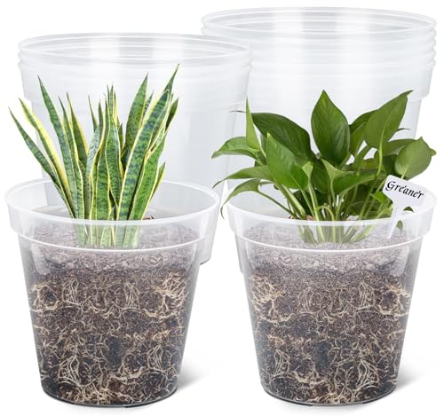GREANER 25,4 cm Pflanztöpfe, transparent, verstärkte Pflanztöpfe, hohe Transparenz, Blumenpflanzenbehälter mit 20 Pflanzenetiketten für Blumen, Samen, Sukkulenten, Gemüse (10 Stück)