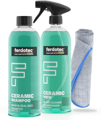 FERDOTEC Glasreiniger Auto Set (2 x 750 ml) Auto Reinigungsset – Ceramic Shampoo + Mikrofasertuch & Scheibenreiniger inkl. Versiegelung für streifenfreie Autoscheiben – Scheibenversiegelung