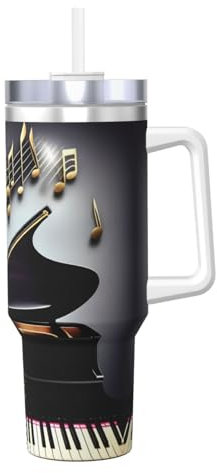 JIUTY Music Note Pianos 40 Oz Ice Bully with Handle Travel Mug Straw Cup Stainless Steel Water Iced Tea Coffee Gift