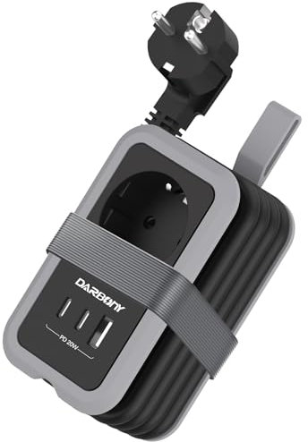 Regleta de enchufes con 2 USB C PD 20 W de viaje, regleta de enchufes portátil 3 USB con protección contra sobretensiones, 3680 W, 16 A, enchufe de distribución con cable integrado de 1,5 m, para