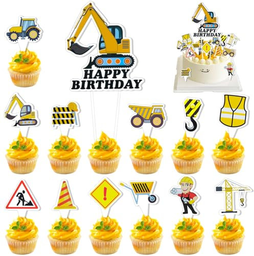 Hmfmdy Lot de 13 décorations de gâteau au motif de tracteur, chantier de construction, décoration de gâteau, décoration de gâteau d'anniversaire, décoration de fête pour enfants