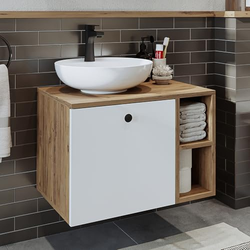 ROOMART Badezimmermöbel Set Lotus 65 cm 4 Teilig mit Keramik Waschbecken (Weiß-Eiche, Unterschrank mit Waschbecken)