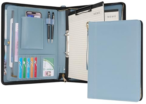 Wason Porte-documents A4 avec Fermeture Éclair - Padfolio en Cuir PU avec Classeur à Anneaux Détachable et Support Bloc-Notes, Organiseur Conférence Multi-Poches pour Bureau Voyage École(Bleu Misty)