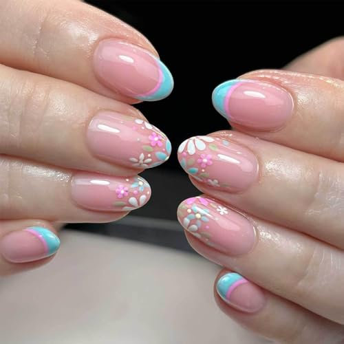 24pcs Floral Press On Nails Short - Oval False Nails - French Tip Fake Nails With Flower Design - Glossy Full Cover Acrylic Glue On Nail - Spring Summer Stick On Nail For Women Girls