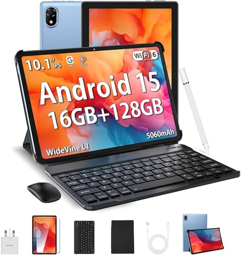 DOOGEE U10 2025 Newest Android 15 Tablet with Keyboard, 10 Inch Tablet, 16GB+128GB/2TB, WiFi 6 Android Tablets, 5060mAh/3.5mm Jack/8MP+5MP/BT 5.0/OTG/Widevine L1, Tablets with Pen, Mouse&Case, Blue
