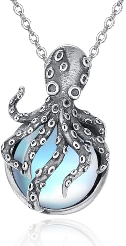 TANGPOET Oktopus Anhänger Kette Schmuck für Damen Frauen Silber 925 Moonstone Octopus Tentacle Krake Halskette Punk Gothic Schmuck Geschenke für Seetierliebhaber
