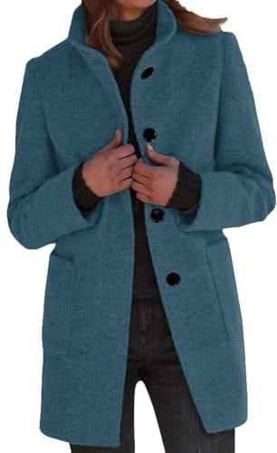 Wollmantel Damen Winter Mantel Lang Wintermantel Elegante Damenmantel Casual Tweed Übergangsjacke Einfarbig Freizeitjacke Stehkragen Jacke Mit Knöpfen Winterjacke Frauen Mit Taschen Wolljacke