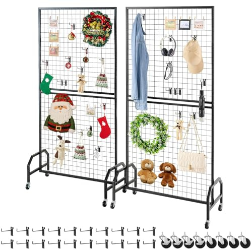 VEVOR 2 Packs Grid Wall Panels, 898 x 1798 mm Wire Grid Panels Display Rack, Movable Art Display Shelf with Wheels & 10 Hooks, Black Carbon Steel Gridwall for Craft Show, Decor, Storage, Notice Board