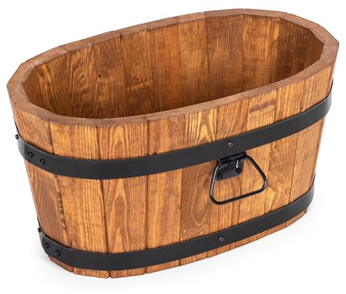 Drewdon Großer Holz Blumentopf Oval Garten Pflanzkübel mit Metallringen, Dekoratives Holzfass als Pflanztopf – Wetterfeste Blumenkübel für draußen, Balkon, Terrasse & Garten (Hellbraun, 60xH31)