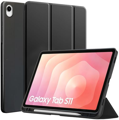 Custodia Cover Compatibile con Samsung Galaxy Tab S11 2025 11 Pollici con Porta S Pen, Case Protettiva per Tablet in TPU Morbido con Supporto Triplà Piega, Auto Svegliati/Sonno, 2-Nero