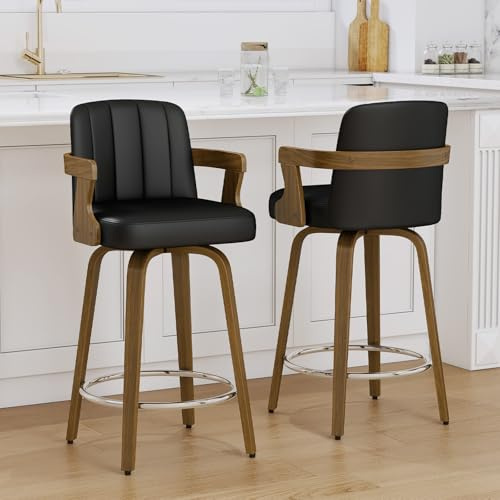 WOOW DEPOT 65CM Swivel Counter Height Bar Stools Set of 2 with Arms, Black | Mid-Century Modern, Walnut Bentwood Legs, Kitchen Island Barstools,Upholstered Faux Leather,Heavy Duty 150KG