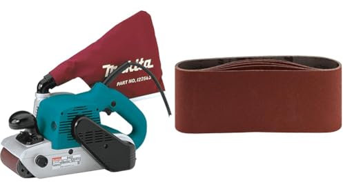 Makita 9403 Ponceuse à Bande Limage 100mm 1200W & P-36924 Ceinture abrasive 100 x 610 MM Taille du grain K120, 5 ceintures, Rouge