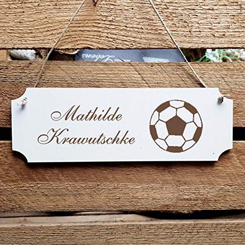 SignFootball Door Sign with Personalised Engraving and Motif - Size Approx. 20 x 6.7 x 0.5 cm – Shabby Decoration Name Plate – Sport Ball Sport