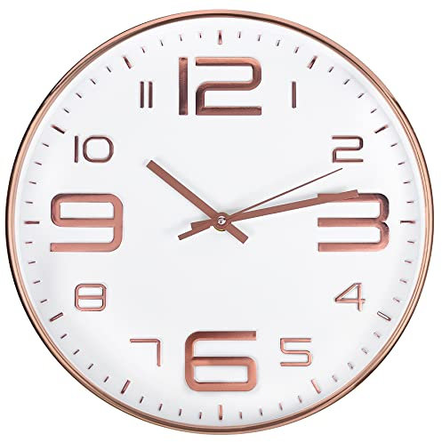 Outpicker Wanduhr Ohne Tickgeräusche 30cm Modern Quartz Lautlos Wanduhr Schleichende Sekunde, für Wohnzimmer Kinderzimmer Küche (Weißes Roségold-3D)