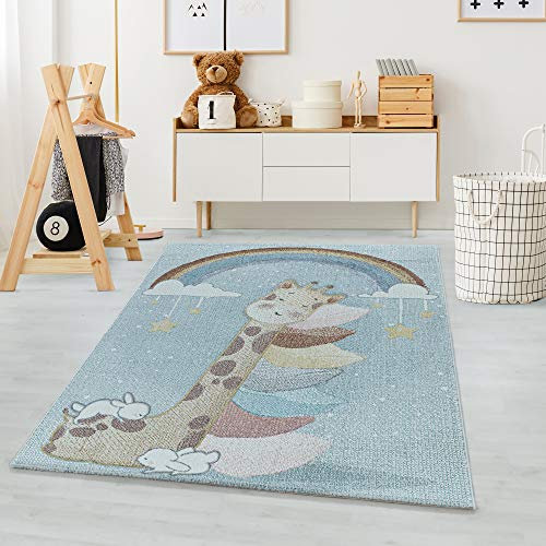 Carpetsale24 Kinderteppich, Regenbogen und Giraffe Design Kinderzimmer Teppich, Rechteckig, PastellFarbe, Fußbodenheizung geeignet und Pflegeleicht, für Babyzimmer, Spielzimmer, Größe:80 x 150 cm