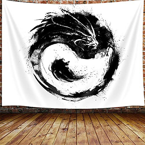Japanischer Anime-Wandteppich, cooles schwarz-weißes Tai Chi Yin Yang Drachen Wandbehang für Schlafzimmer, asiatisches chinesisches Wandteppich, Poster, Decke, Heimdekoration (weiß, 152.4 x 101.6 cm)
