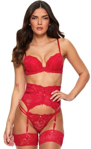 Ann Summers Sexy Lace Padded Plunge Bra Curve-Enhancing Womens Underwear with Padded Cups & Underwire, Removable Mini Pads for Smaller Sizes, Adjustable Straps Red