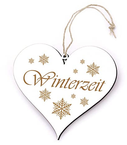 Winter Deko Schild Herz - Winterzeit - Holz Türschild Weihnachtsdeko Schneeflocken 13 x 12 cm