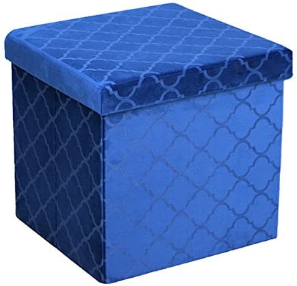 Folding Storage Ottoman Velvet Lattice Storage Box Pressed Velvet Seat Stool Chair Footstool Pouffe Bench (38cm x 38cm, Navy Blue)