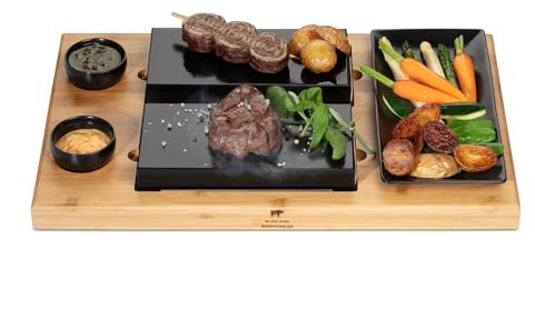BEEFSTONE Hot Stone Grill Stone Plate Model DUE Hot Stone Steak Maker Lava Stones Grill Wooden Board Bamboo, Lava Stone Steak, Hot Stone Raclette Complete Set with 8 Pieces