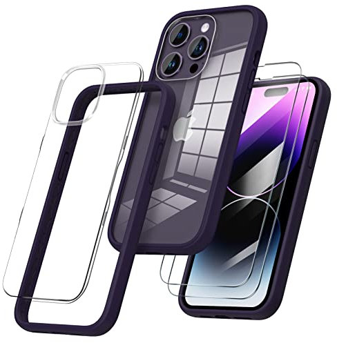 ORNARTO Compatible with iPhone 14 Pro Case 6.1,Bumper Case with 2 Screen Protector Liquid Silicone Gel Rubber Case Full Body Protection Removable Clear Back Cover for iPhone 14 Pro-Deep Purple