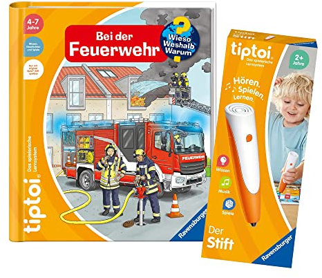 tiptoi Ravensburger Set: Wieso? Weshalb? Warum? Bei der Feuerwehr (Kinderbuch) + 00110 Stift mit Poster, Lernspielzeug für Kinder