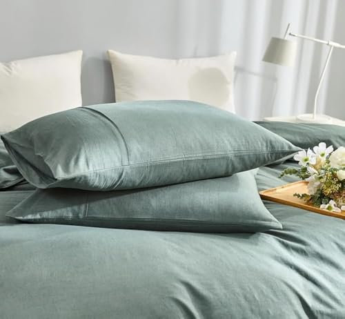 TUMEI Kissenbezüge aus 100 % Leinen (90 x 50 cm) – Set mit 2 Kissenbezügen, gewaschen, einfarbig, natürliches Flachs, weich, atmungsaktiv, grünes Kingsize-Bett