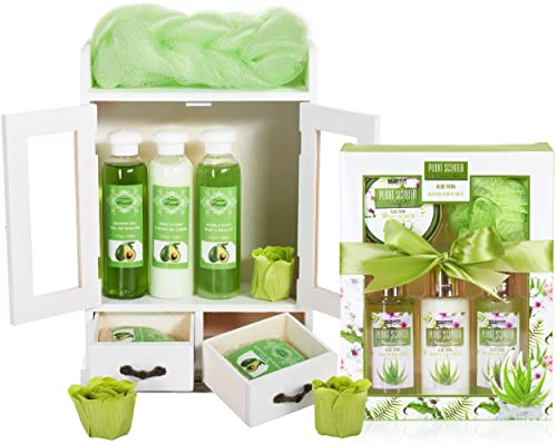 BRUBAKER Cosmetics 2 in 1 Pflegeset Avocado & Aloe Vera - Großes 15-teiliges Wellness Set - Damen Dusch- und Badeset - Frauen Beauty Geschenkset mit Deko Holzschrank